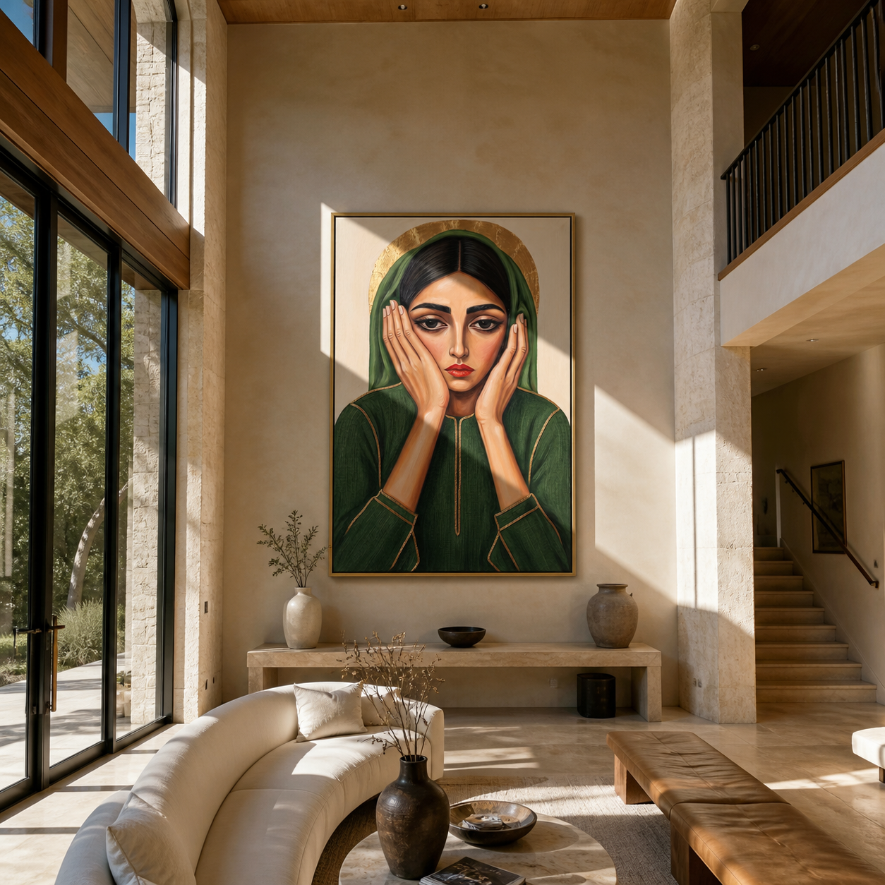 Green Hands Frame Stillness - green hood woman portrait by Marcus Lau, retro modern vertical wall art – styled room scene view 3
