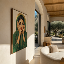 Green Hands Frame Stillness - green hood woman portrait by Marcus Lau, retro modern vertical wall art – styled room scene view 4