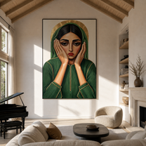 Green Hands Frame Stillness - green hood woman portrait by Marcus Lau, retro modern vertical wall art – styled room scene view 5