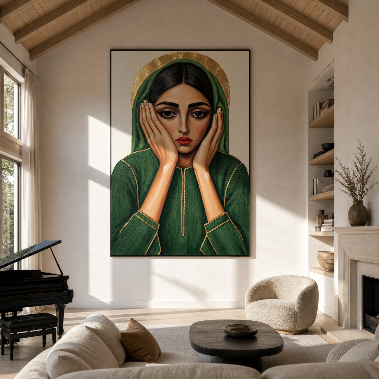 Green Hands Frame Stillness - green hood woman portrait by Marcus Lau, retro modern vertical wall art – styled room scene view 5