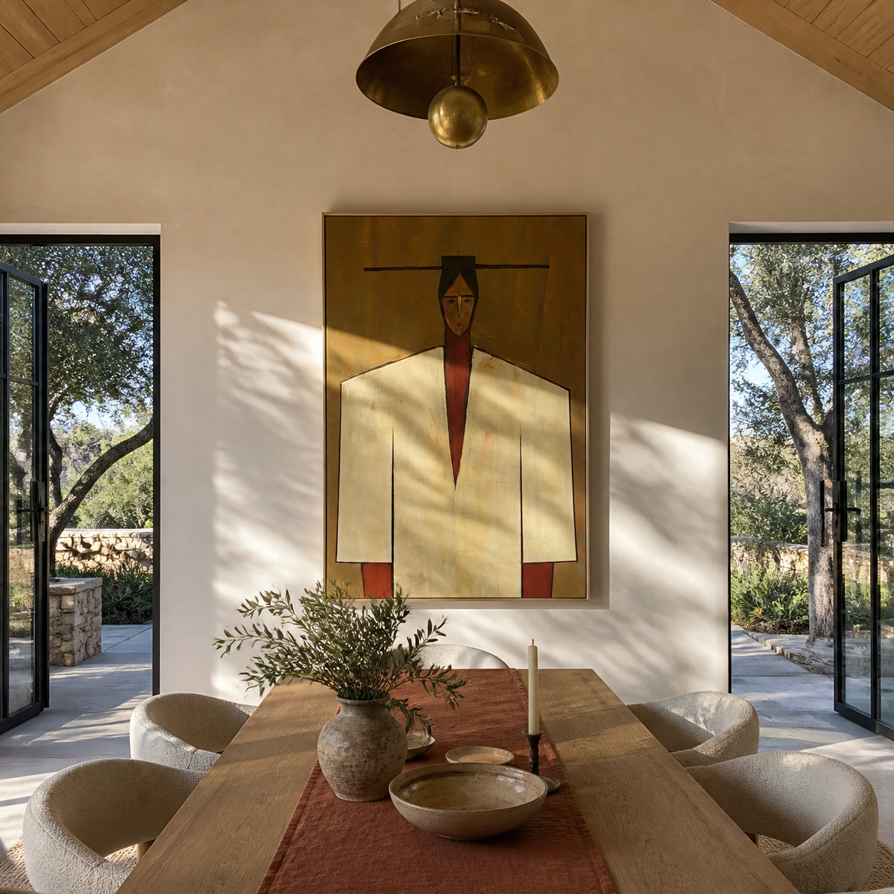 Ivory Shoulders Cross Ochre - geometric fashion figure painting by Marcus Lau, retro modern vertical wall art – styled room scene view 1