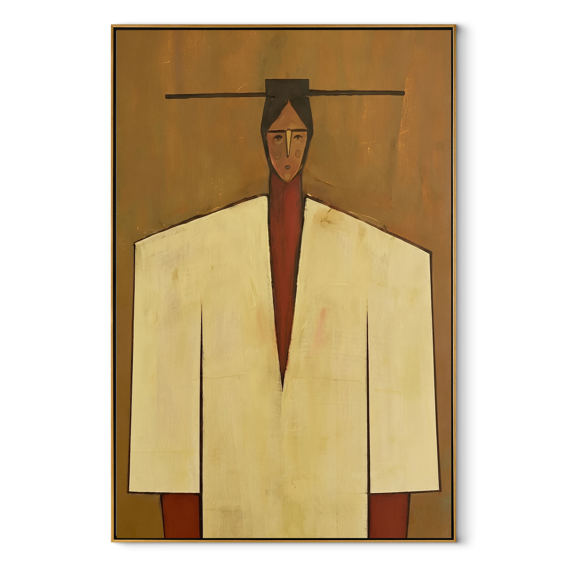 Ivory Shoulders Cross Ochre - geometric fashion figure painting by Marcus Lau, retro modern vertical wall art – wood frame on white background