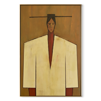 Ivory Shoulders Cross Ochre - geometric fashion figure painting by Marcus Lau, retro modern vertical wall art – wood frame on white background