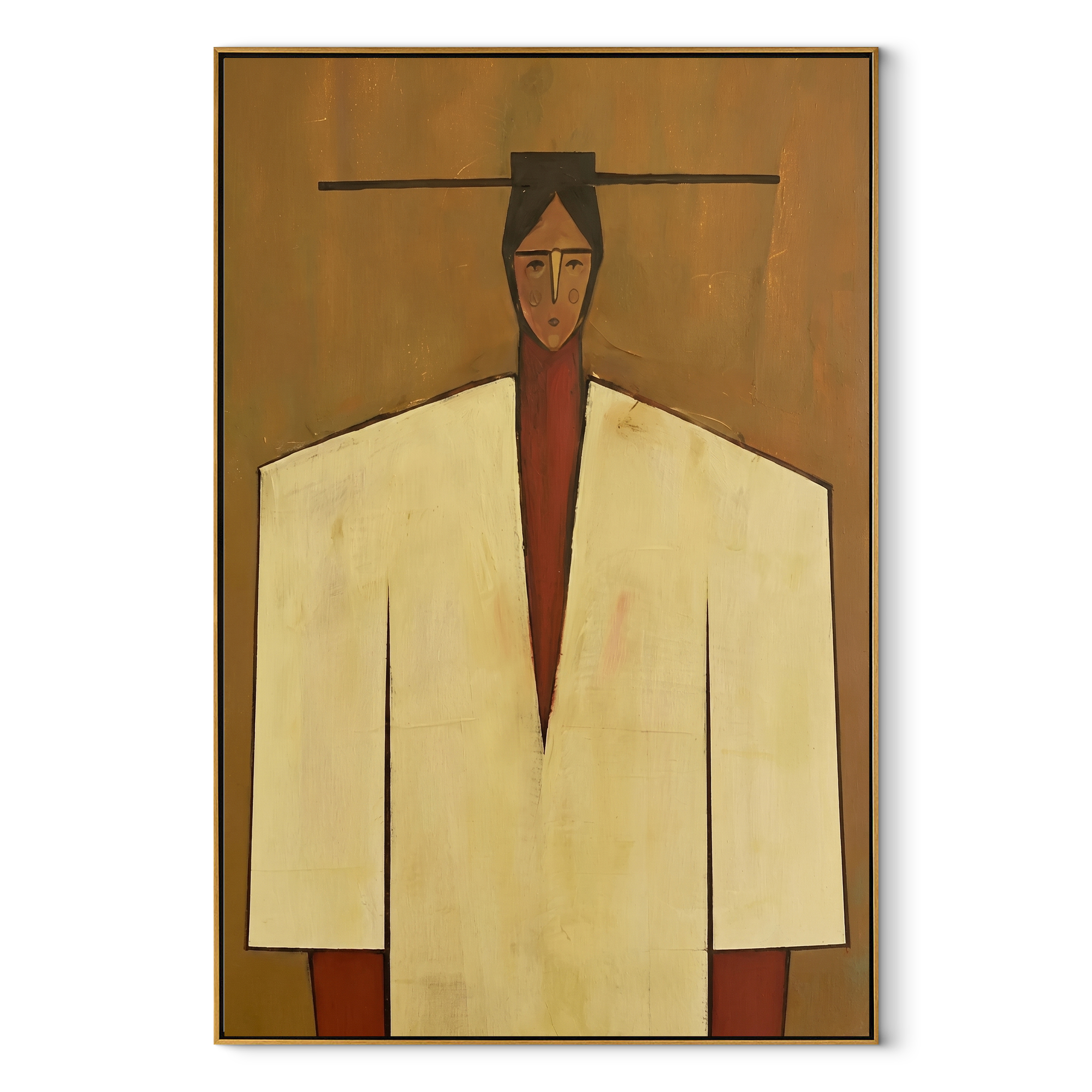 Ivory Shoulders Cross Ochre - geometric fashion figure painting by Marcus Lau, retro modern vertical wall art – wood frame on white background