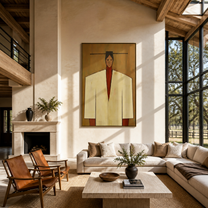 Ivory Shoulders Cross Ochre - geometric fashion figure painting by Marcus Lau, retro modern vertical wall art – styled room scene view 2