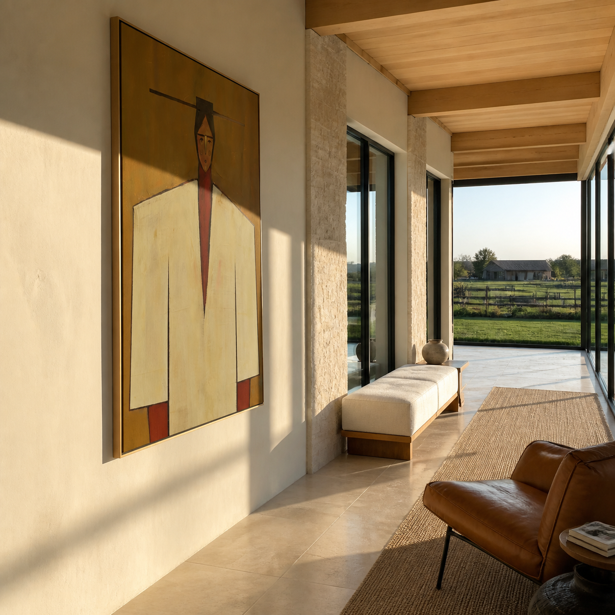 Ivory Shoulders Cross Ochre - geometric fashion figure painting by Marcus Lau, retro modern vertical wall art – styled room scene view 3