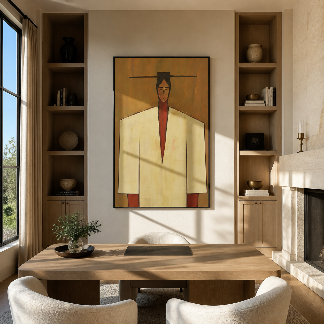 Ivory Shoulders Cross Ochre - geometric fashion figure painting by Marcus Lau, retro modern vertical wall art – styled room scene view 4