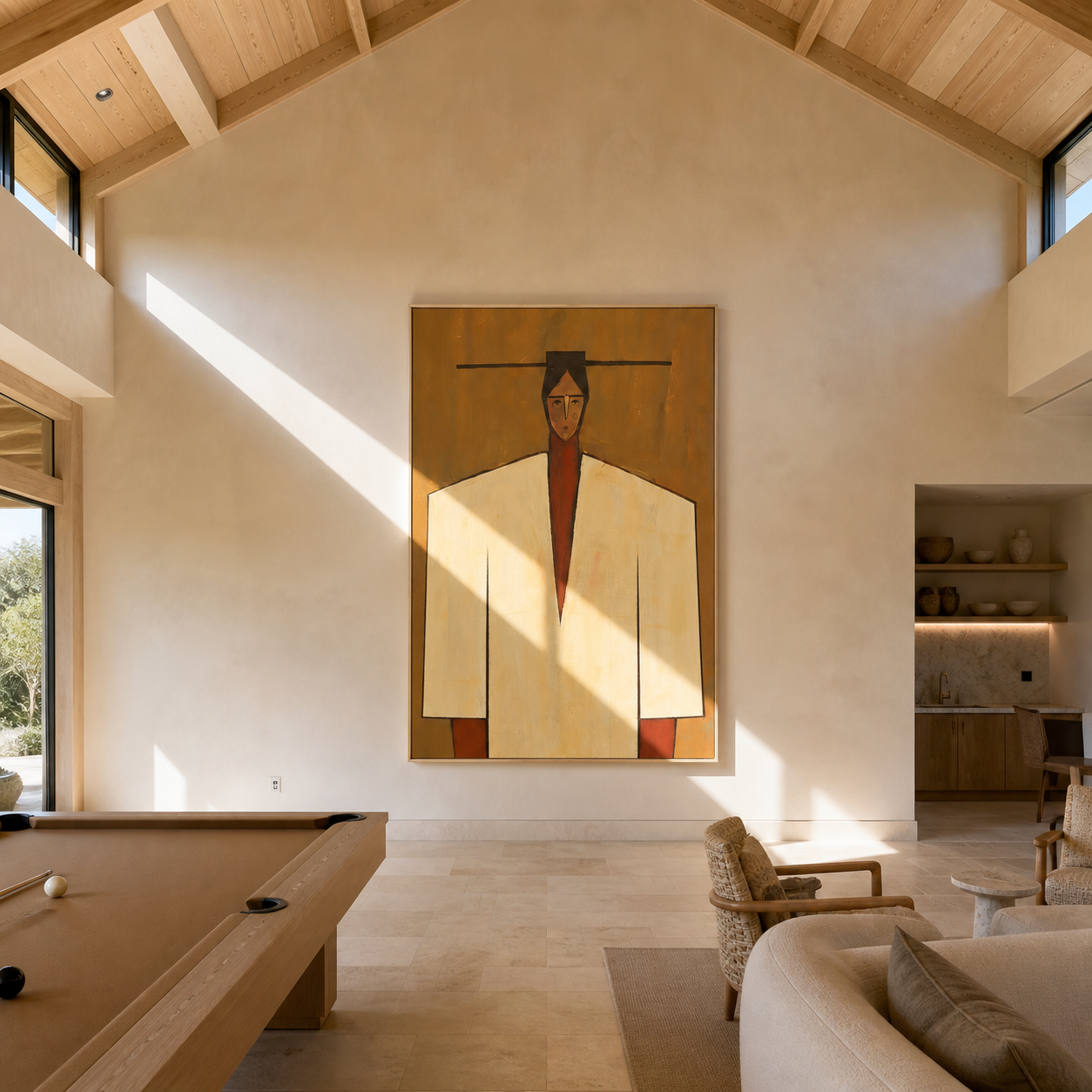 Ivory Shoulders Cross Ochre - geometric fashion figure painting by Marcus Lau, retro modern vertical wall art – styled room scene view 5