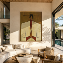 Joined Hands Hold Ochre - geometric praying figure painting by Marcus Lau, retro modern vertical wall art – styled room scene view 1