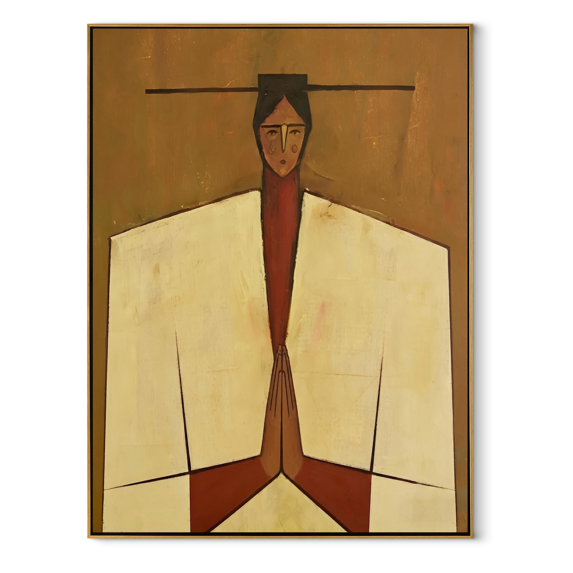 Joined Hands Hold Ochre - geometric praying figure painting by Marcus Lau, retro modern vertical wall art – wood frame on white background