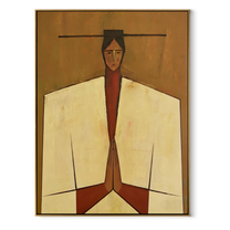 Joined Hands Hold Ochre - geometric praying figure painting by Marcus Lau, retro modern vertical wall art – wood frame on white background