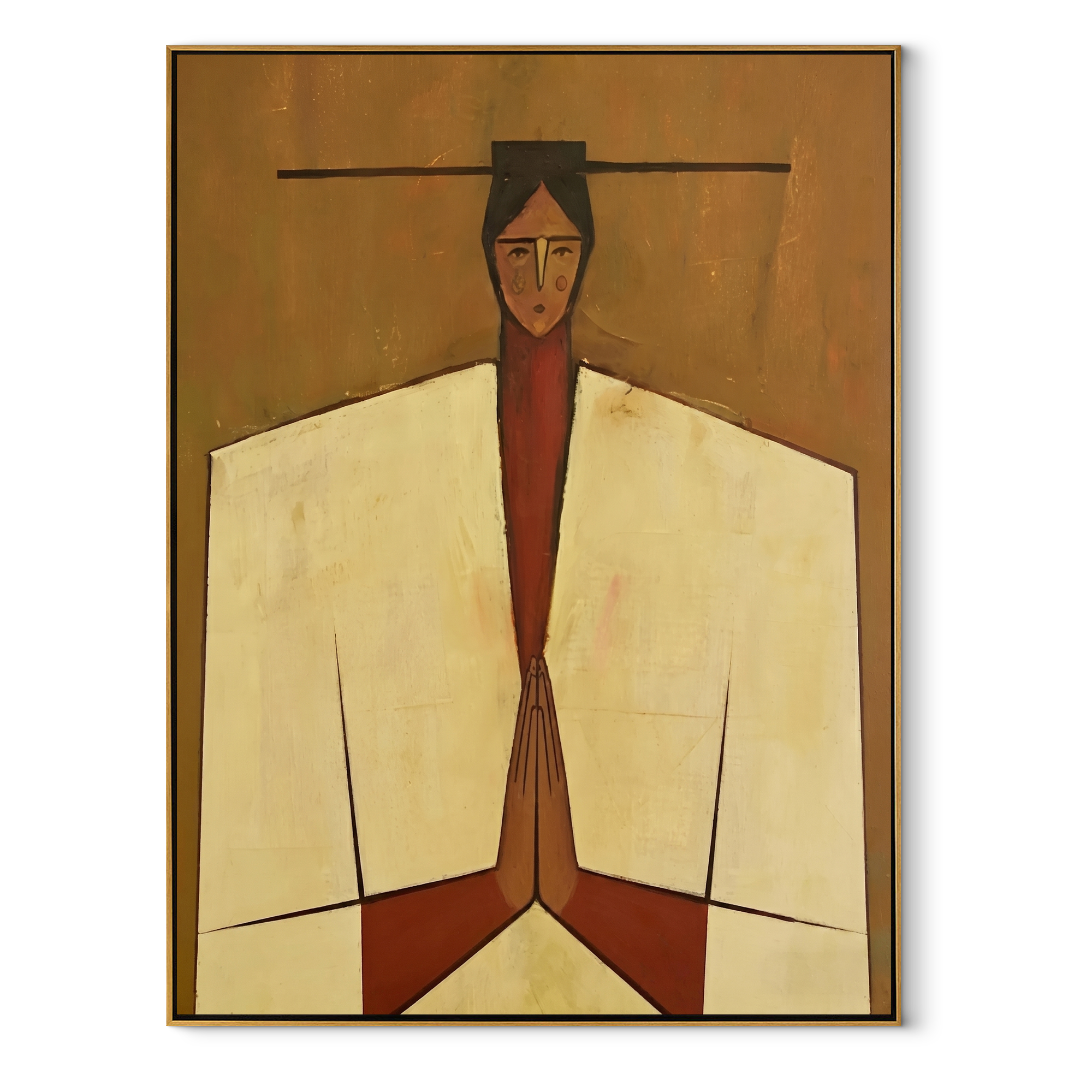 Joined Hands Hold Ochre - geometric praying figure painting by Marcus Lau, retro modern vertical wall art – wood frame on white background