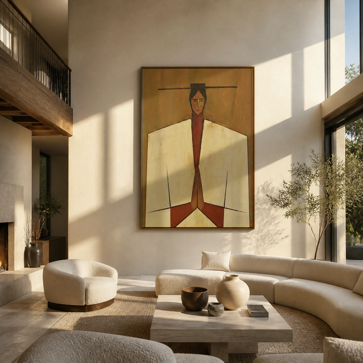 Joined Hands Hold Ochre - geometric praying figure painting by Marcus Lau, retro modern vertical wall art – styled room scene view 2