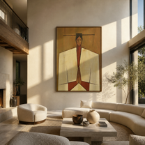 Joined Hands Hold Ochre - geometric praying figure painting by Marcus Lau, retro modern vertical wall art – styled room scene view 2