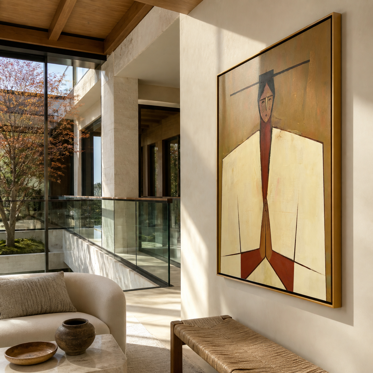 Joined Hands Hold Ochre - geometric praying figure painting by Marcus Lau, retro modern vertical wall art – styled room scene view 3
