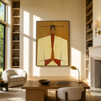 Joined Hands Hold Ochre - geometric praying figure painting by Marcus Lau, retro modern vertical wall art – styled room scene view 4
