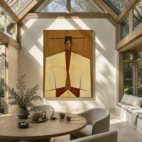 Joined Hands Hold Ochre - geometric praying figure painting by Marcus Lau, retro modern vertical wall art – styled room scene view 5