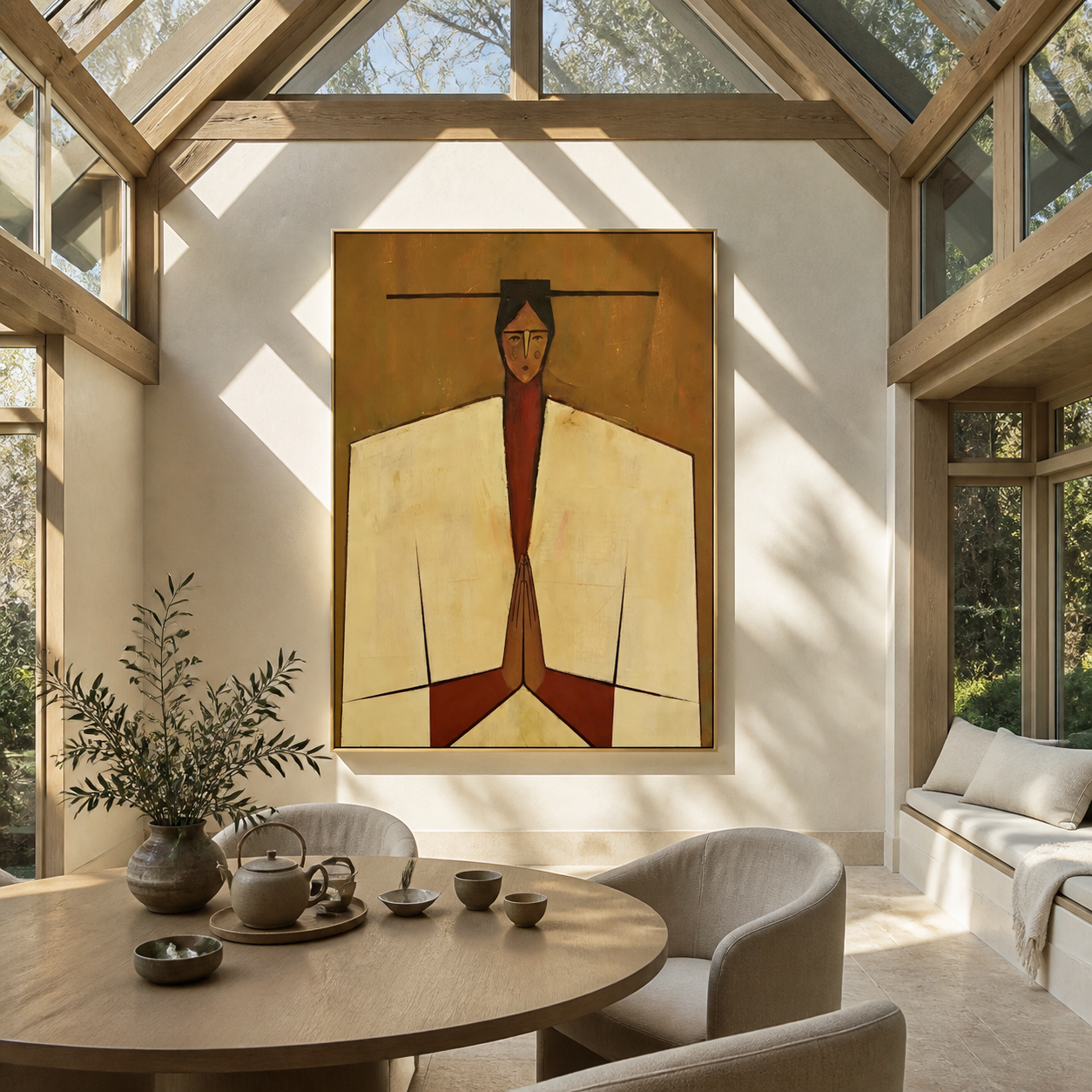 Joined Hands Hold Ochre - geometric praying figure painting by Marcus Lau, retro modern vertical wall art – styled room scene view 5