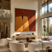 Black Brim Cuts Rust - geometric hat figure painting by Marcus Lau, retro modern square wall art – styled room scene view 1