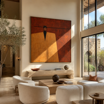 Black Brim Cuts Rust - geometric hat figure painting by Marcus Lau, retro modern square wall art – styled room scene view 1