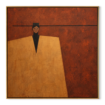 Black Brim Cuts Rust - geometric hat figure painting by Marcus Lau, retro modern square wall art – wood frame on white background
