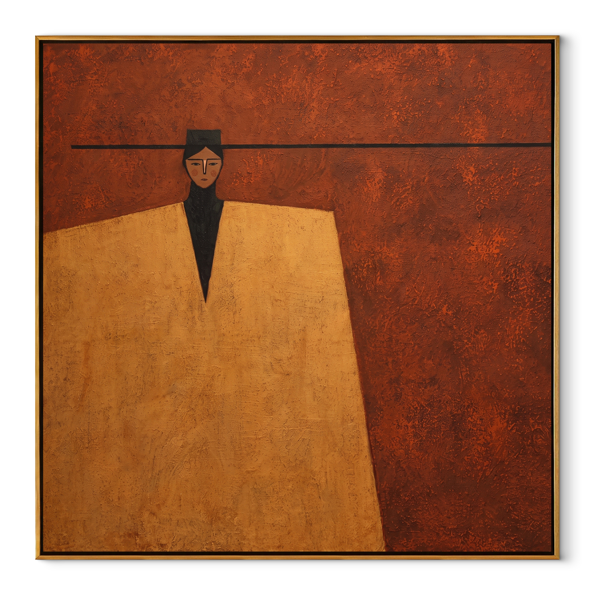 Black Brim Cuts Rust - geometric hat figure painting by Marcus Lau, retro modern square wall art – wood frame on white background