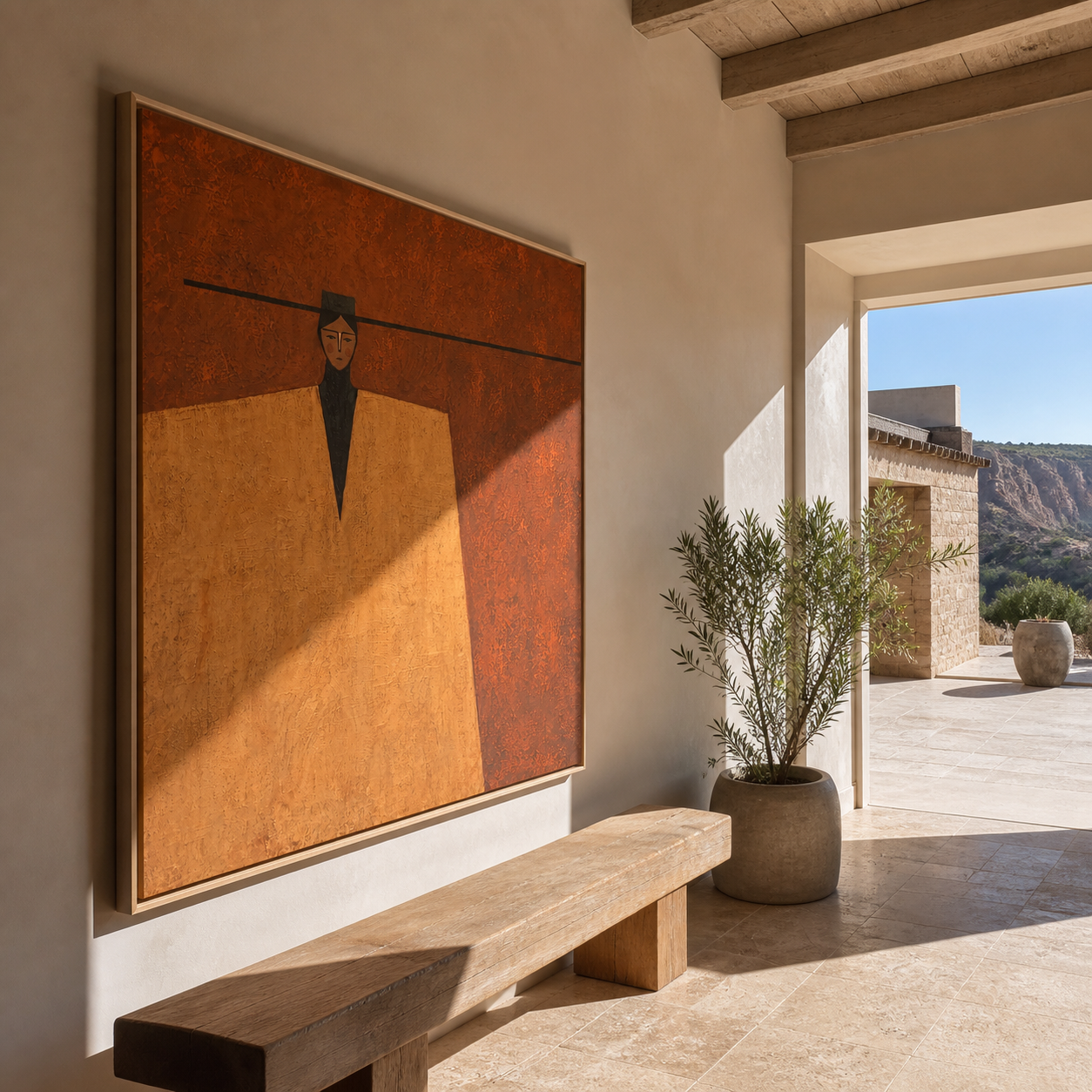 Black Brim Cuts Rust - geometric hat figure painting by Marcus Lau, retro modern square wall art – styled room scene view 2