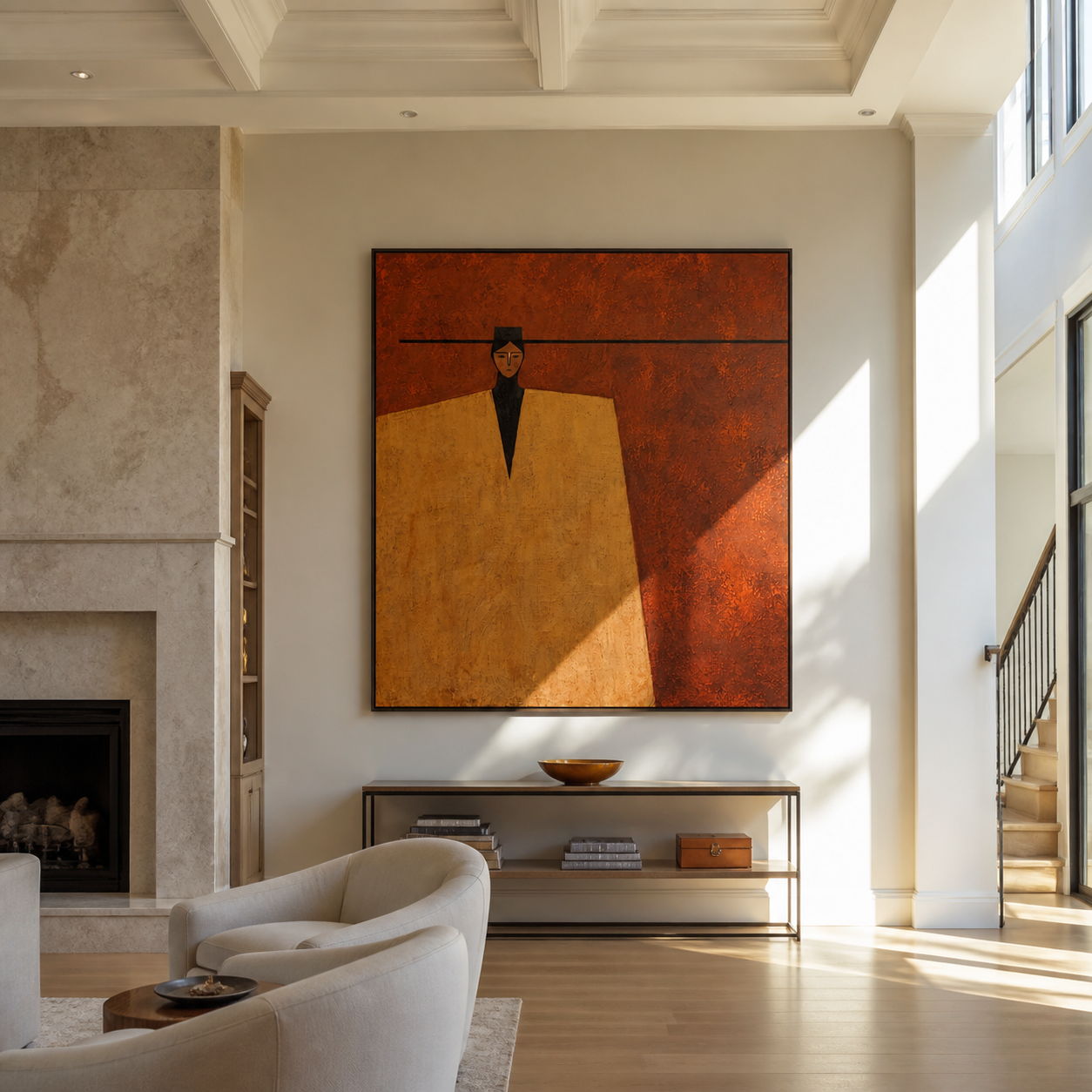 Black Brim Cuts Rust - geometric hat figure painting by Marcus Lau, retro modern square wall art – styled room scene view 3