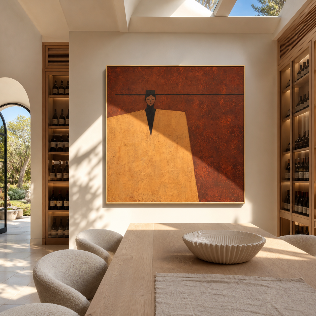 Black Brim Cuts Rust - geometric hat figure painting by Marcus Lau, retro modern square wall art – styled room scene view 5