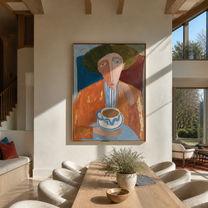 Coffee Waits Beneath Moss - abstract coffee portrait painting by Marcus Lau, retro modern vertical wall art – styled room scene view 1