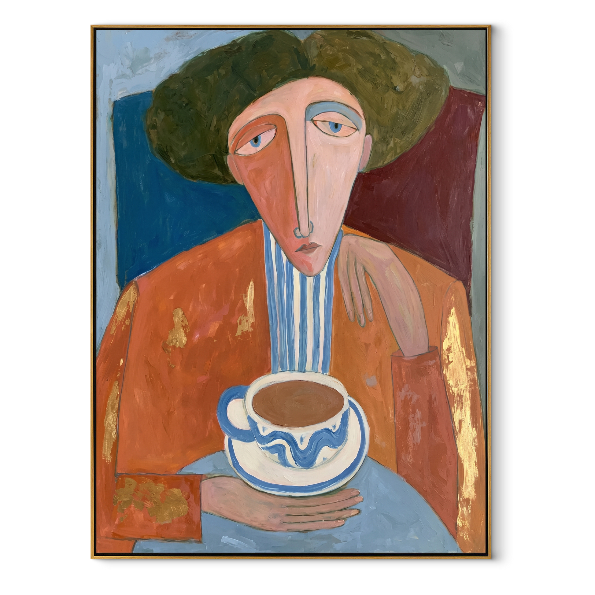 Coffee Waits Beneath Moss - abstract coffee portrait painting by Marcus Lau, retro modern vertical wall art – wood frame on white background