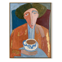 Coffee Waits Beneath Moss - abstract coffee portrait painting by Marcus Lau, retro modern vertical wall art – wood frame on white background