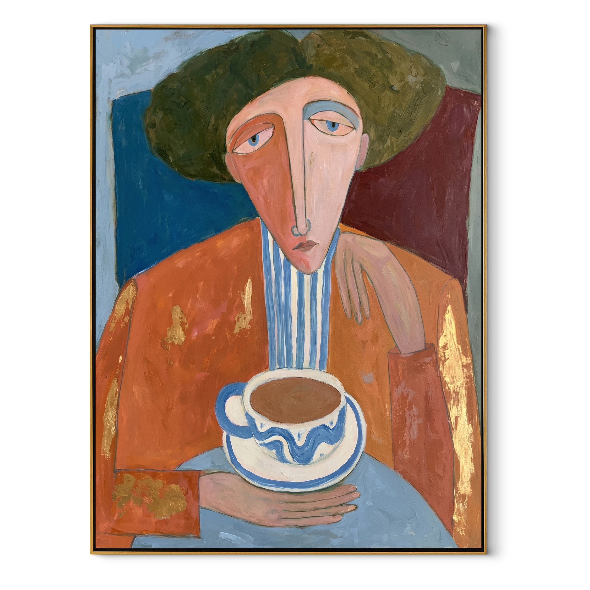 Coffee Waits Beneath Moss - abstract coffee portrait painting by Marcus Lau, retro modern vertical wall art – wood frame on white background