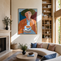 Coffee Waits Beneath Moss - abstract coffee portrait painting by Marcus Lau, retro modern vertical wall art – styled room scene view 3