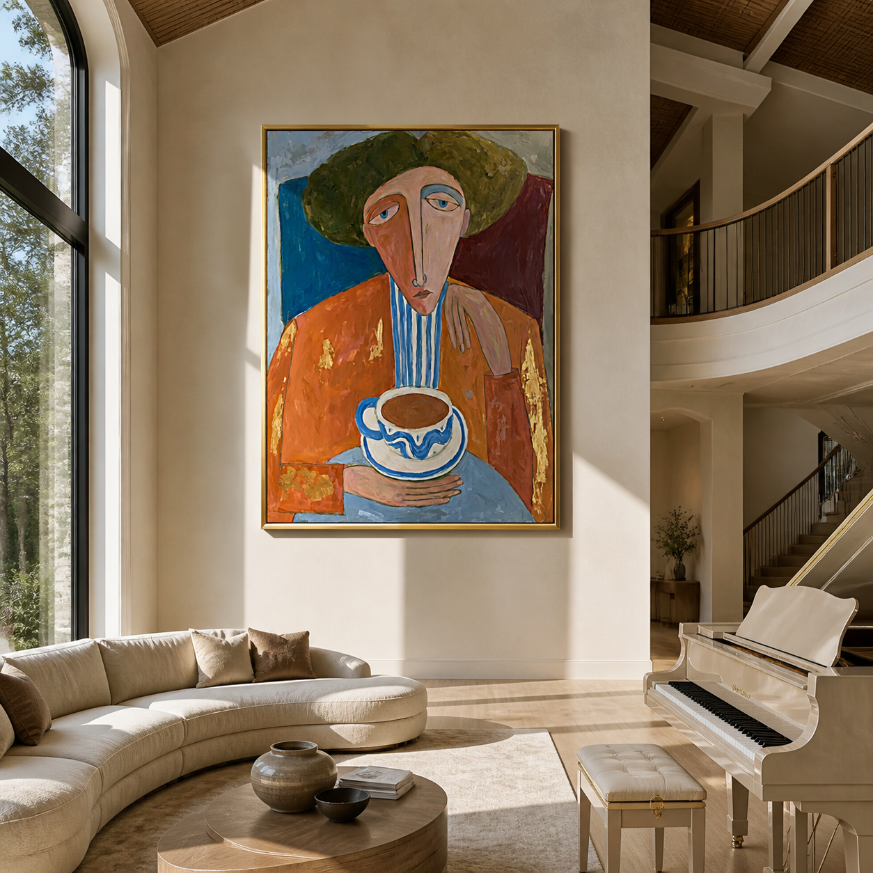 Coffee Waits Beneath Moss - abstract coffee portrait painting by Marcus Lau, retro modern vertical wall art – styled room scene view 4