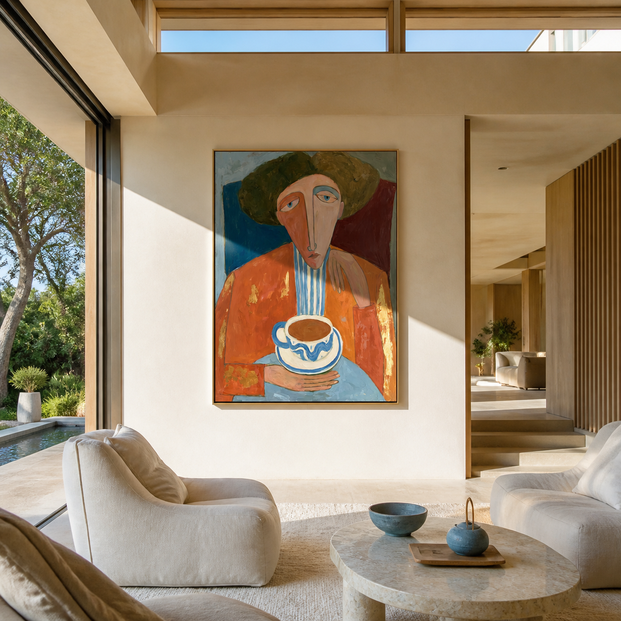 Coffee Waits Beneath Moss - abstract coffee portrait painting by Marcus Lau, retro modern vertical wall art – styled room scene view 5