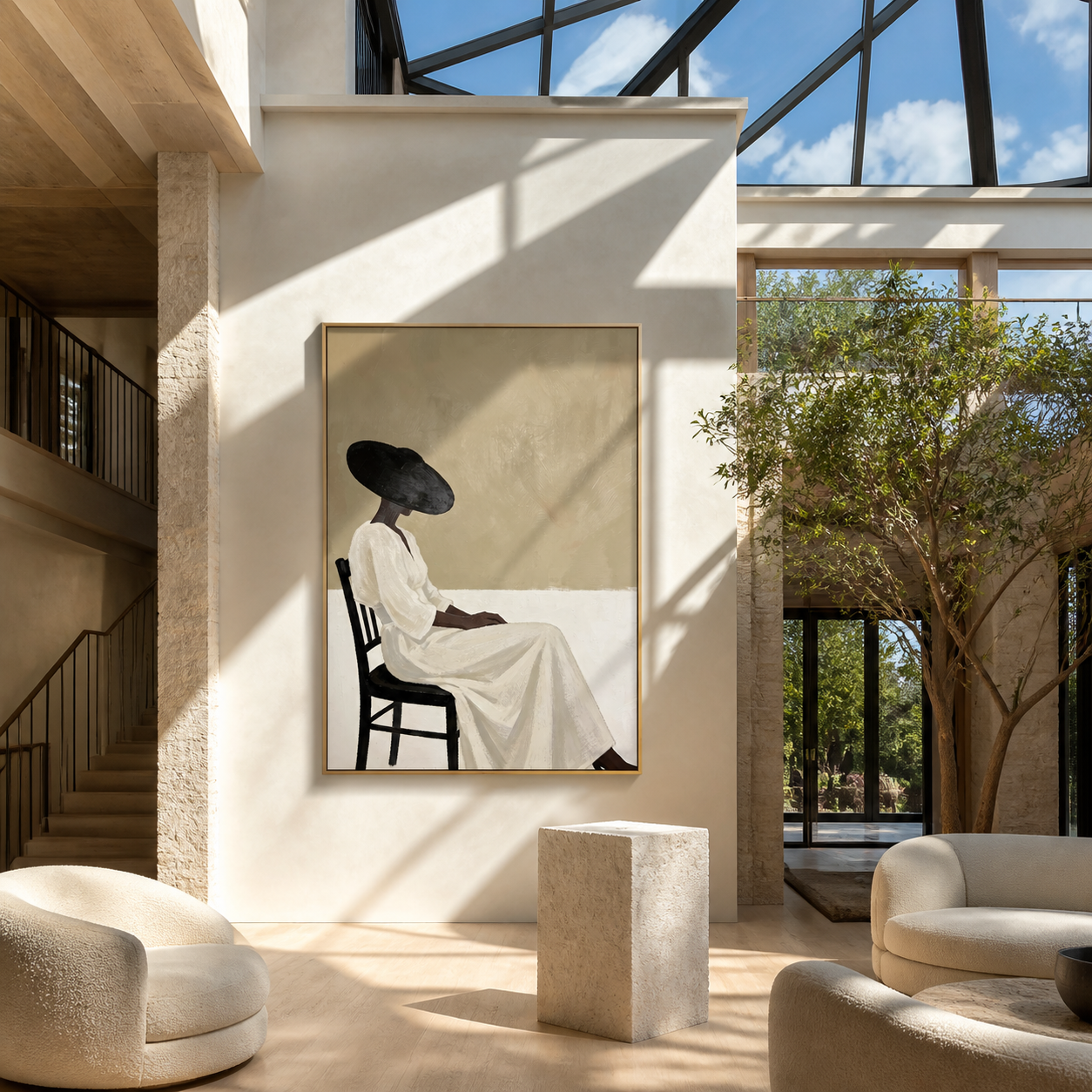 Black Brim Waits Seated - seated woman in white painting by Marcus Lau, retro modern vertical wall art – styled room scene view 1