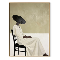 Black Brim Waits Seated - seated woman in white painting by Marcus Lau, retro modern vertical wall art – wood frame on white background