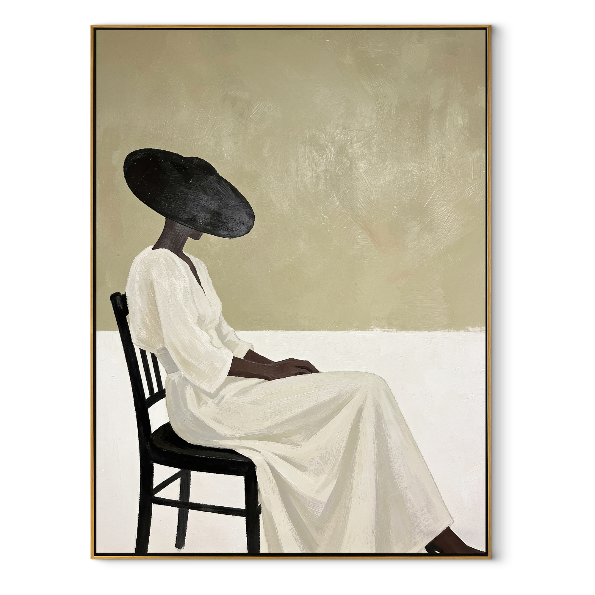 Black Brim Waits Seated - seated woman in white painting by Marcus Lau, retro modern vertical wall art – wood frame on white background