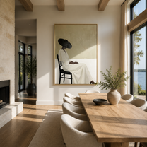 Black Brim Waits Seated - seated woman in white painting by Marcus Lau, retro modern vertical wall art – styled room scene view 2