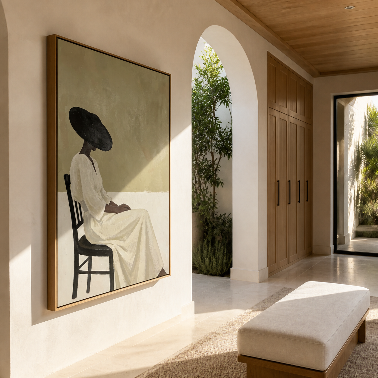Black Brim Waits Seated - seated woman in white painting by Marcus Lau, retro modern vertical wall art – styled room scene view 4