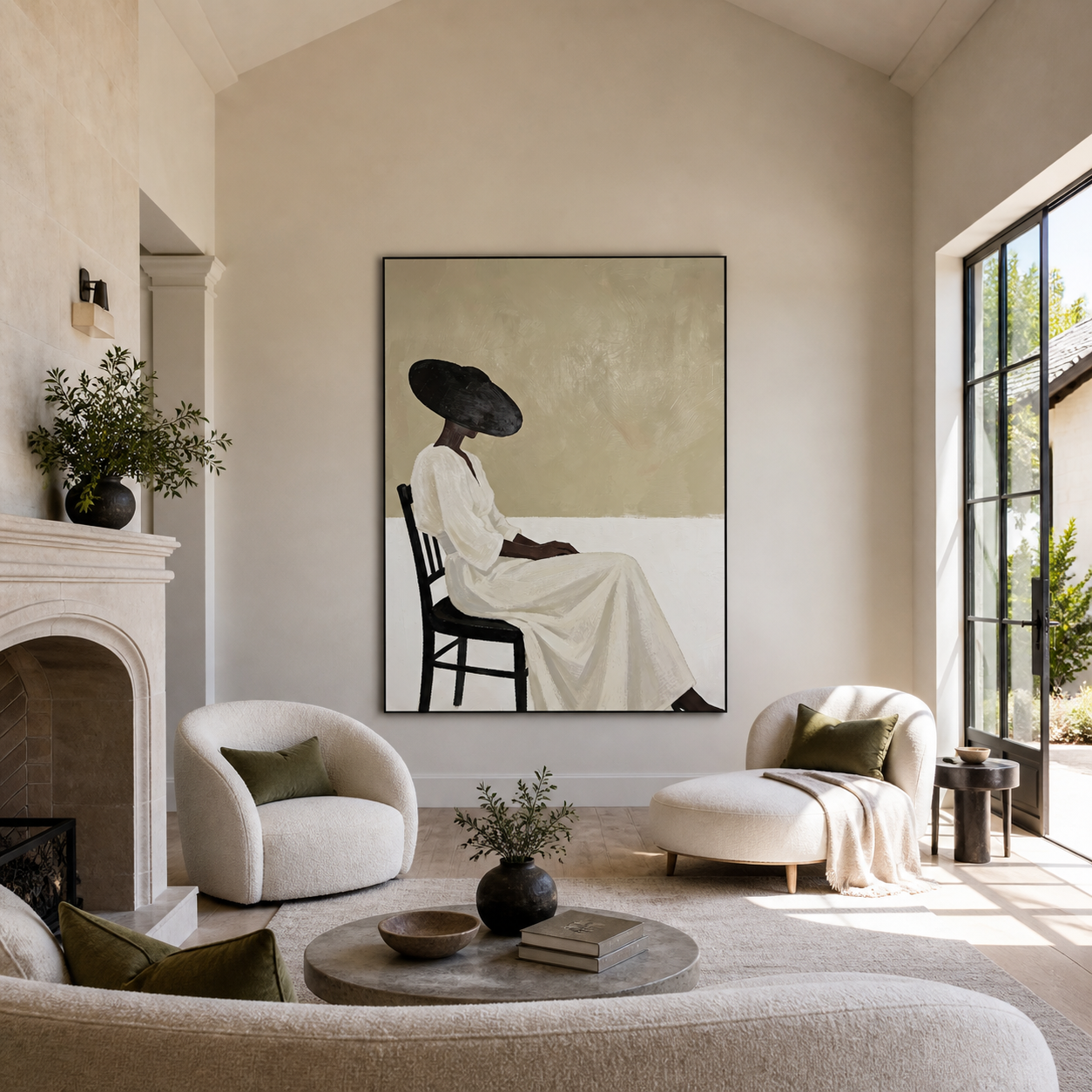 Black Brim Waits Seated - seated woman in white painting by Marcus Lau, retro modern vertical wall art – styled room scene view 5