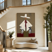 White Brim Guards Twins - woman with two dogs painting by Marcus Lau, retro modern vertical wall art – styled room scene view 1