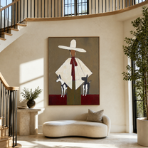 White Brim Guards Twins - woman with two dogs painting by Marcus Lau, retro modern vertical wall art – styled room scene view 1