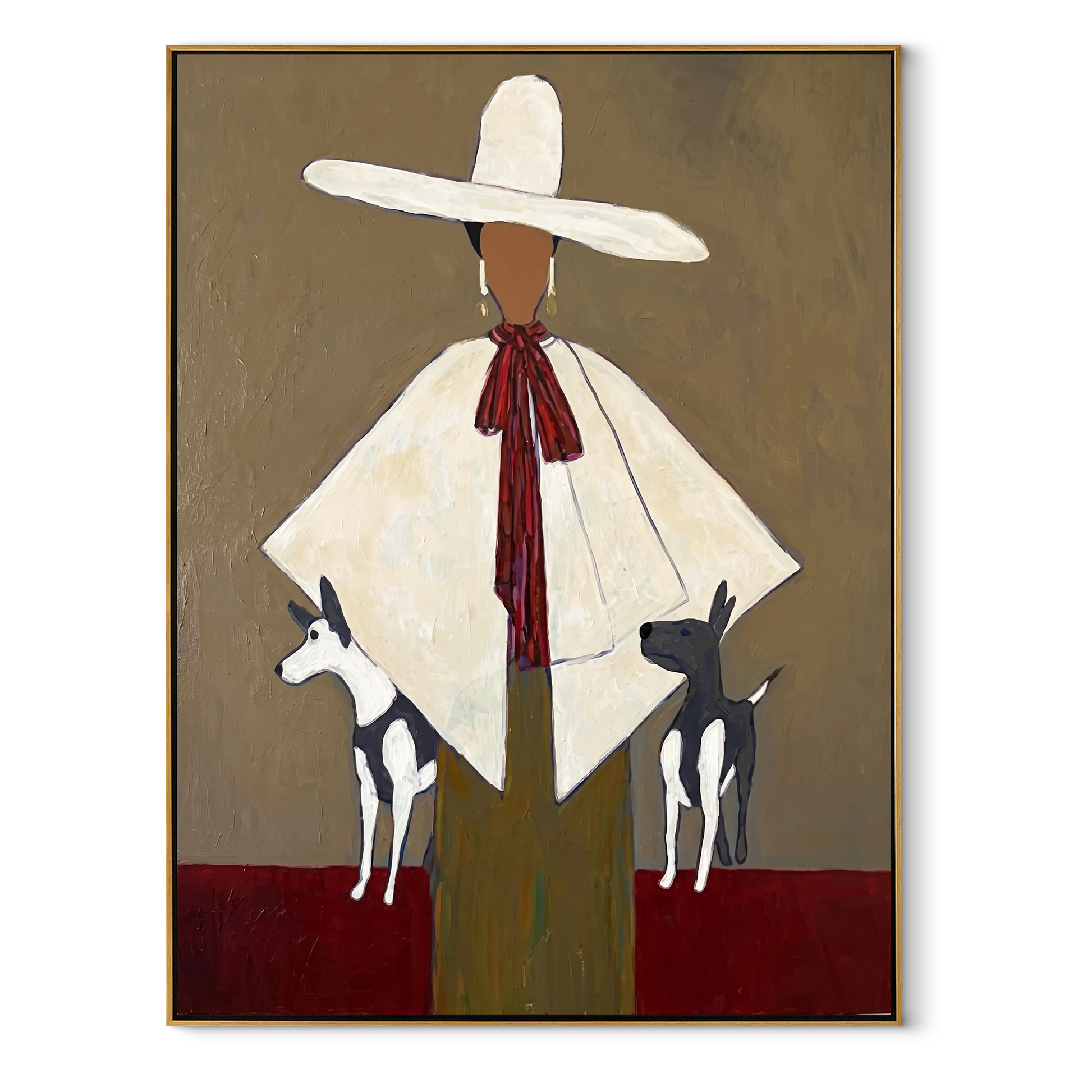 White Brim Guards Twins - woman with two dogs painting by Marcus Lau, retro modern vertical wall art – wood frame on white background