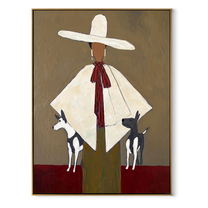 White Brim Guards Twins - woman with two dogs painting by Marcus Lau, retro modern vertical wall art – wood frame on white background
