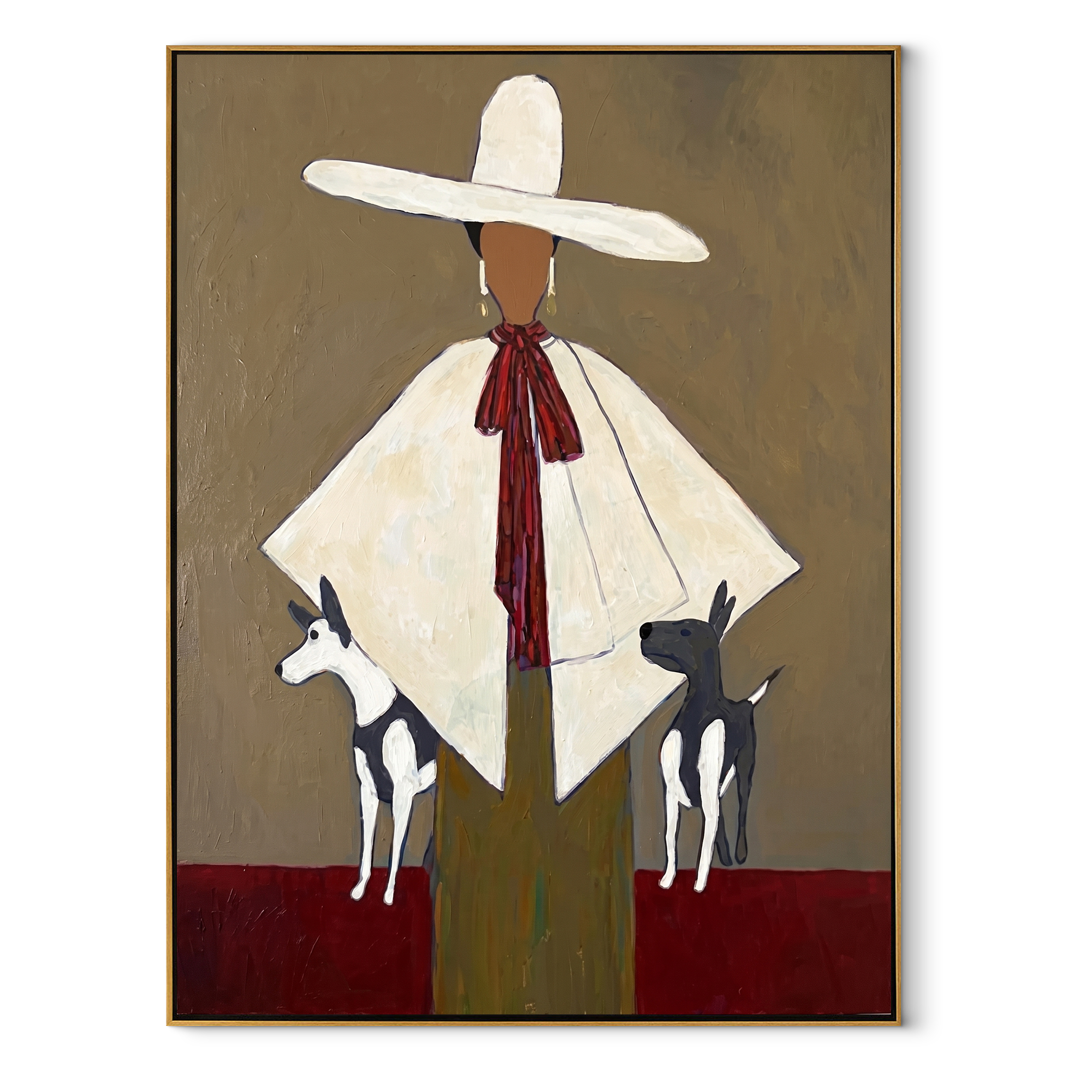 White Brim Guards Twins - woman with two dogs painting by Marcus Lau, retro modern vertical wall art – wood frame on white background