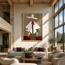 White Brim Guards Twins - woman with two dogs painting by Marcus Lau, retro modern vertical wall art – styled room scene view 2