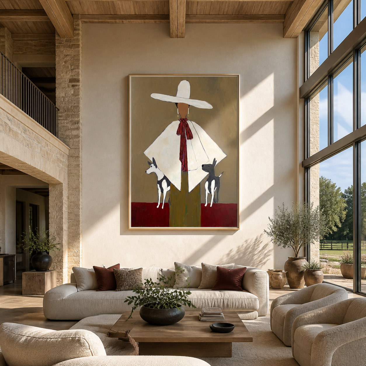 White Brim Guards Twins - woman with two dogs painting by Marcus Lau, retro modern vertical wall art – styled room scene view 2