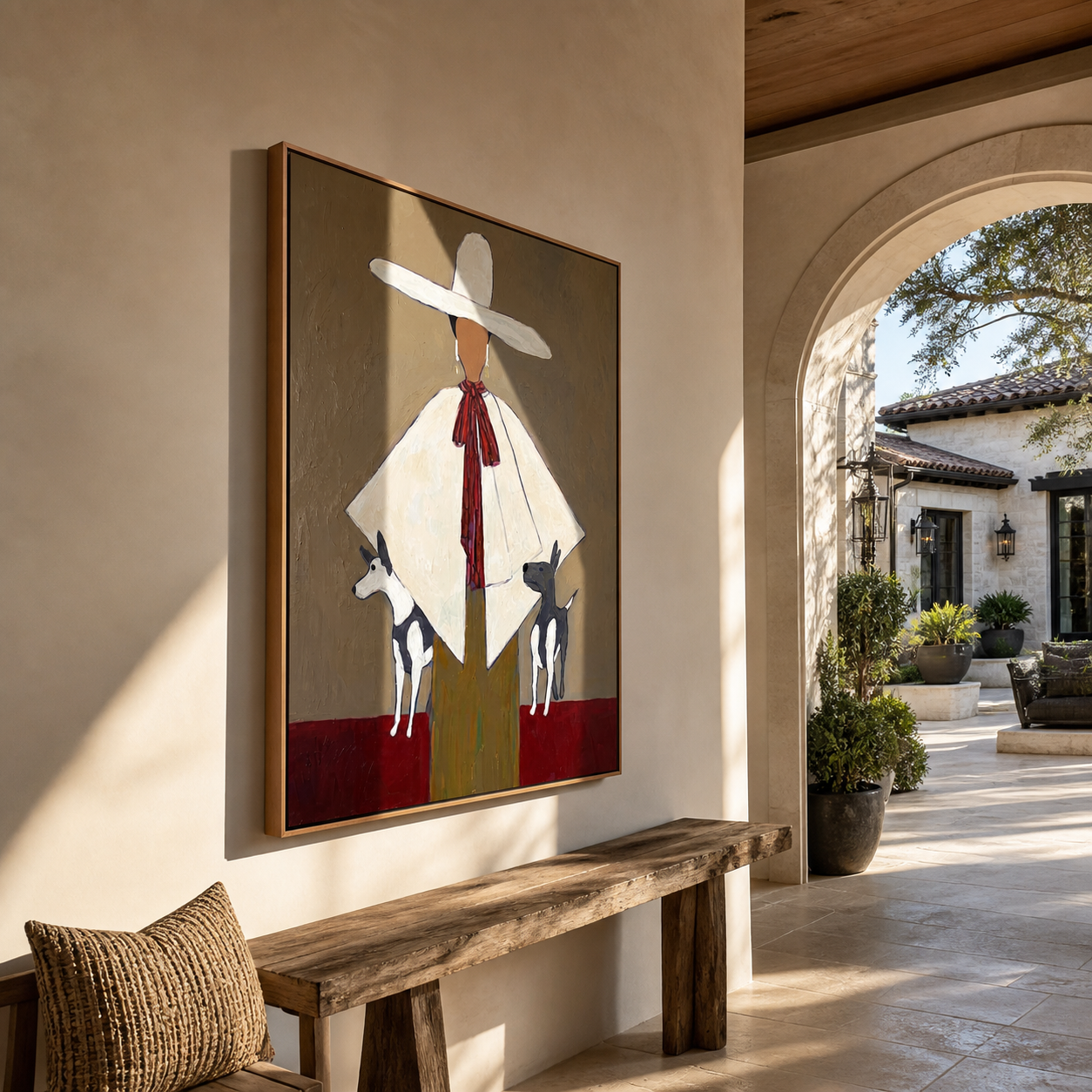 White Brim Guards Twins - woman with two dogs painting by Marcus Lau, retro modern vertical wall art – styled room scene view 3